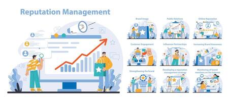 Reputation management set. Building relationship with targeted audience. vector