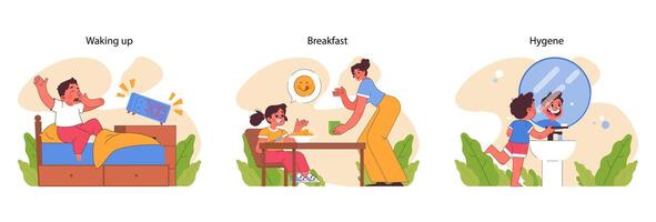 Child's daily routine set. Flat vector illustration.