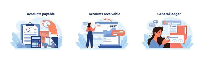 Accounting essentials set. Professionals handle accounts payable. vector