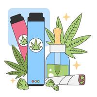 Cannabis products showcased. Vape pens, CBD oil bottle, fresh marijuana leaf, and rolled joint. Natural wellness and alternative therapy. Flat vector illustration