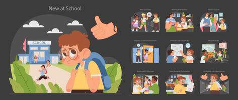 New at school dark or night mode set. Students first day experience vector