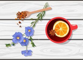 Flat lay of herbal tea with flax flowers and scattered seeds. Healthcare, self care and superfoods concept vector