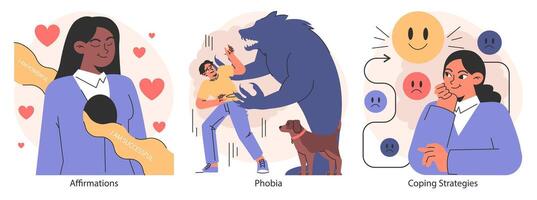 Overcoming fears set. Characters confronting fears with desensitization vector