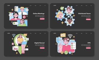 Set of sleek vector illustrations presenting the virtual team ecosystem.