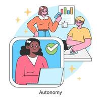 Autonomy concept. Empowered woman approves tasks remotely, while team vector