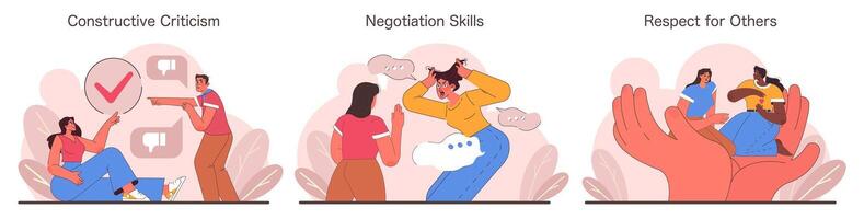 Assertiveness skills set. Flat vector illustration