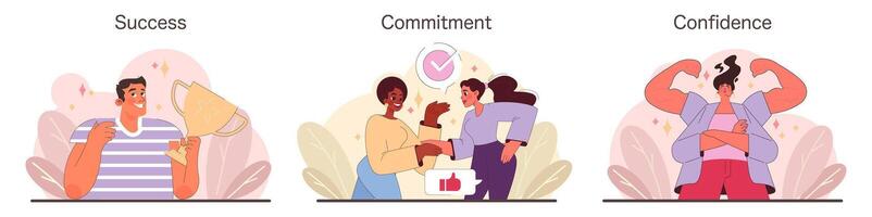 Success, Commitment, and Confidence set. Flat vector illustration