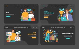 B2B Commerce dark or night mode web or landing set. Business characters vector