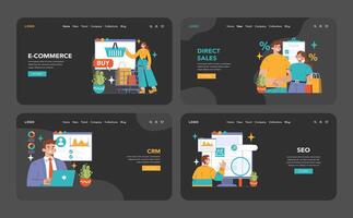 B2C dark or night mode web or landing set. Digital shopping, browsing vector