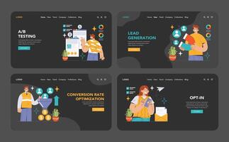 Conversion Rate Optimization set. Experts analyzing website performance. vector