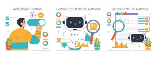 Neural Network Explained set. Flat vector illustration