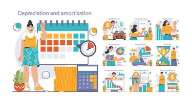 Amortization and depreciation set. Calculating the value for business assets vector