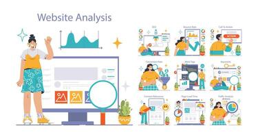 Website analysis set. Conversion rate and traffic analysis. Experts analyzing vector