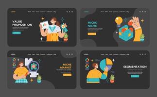 Niche market web or landing dark or night mode set. Exploring target vector