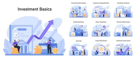 Investment basics set. Financial growth strategies, market analysis, vector