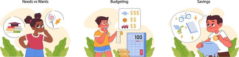 Pocket money set. Kids learning financial skills, from savings to budgeting. vector