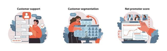 Customer relations set. Expert customer support handling inquiries. vector