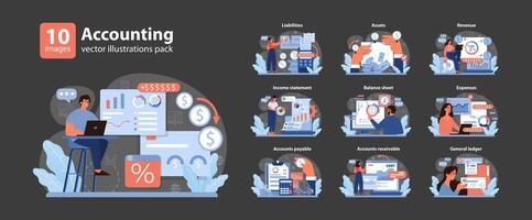 Accounting set. Professionals navigating finance realms. vector