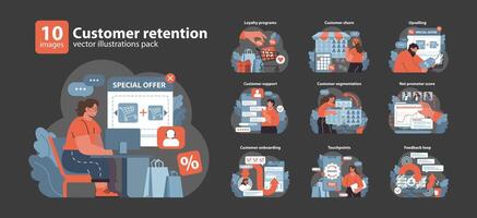 Customer retention set. Strategies boosting client loyalty. vector