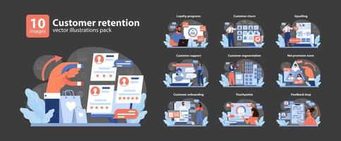 Customer retention set. Comprehensive tactics from loyalty programs to feedback loops. vector