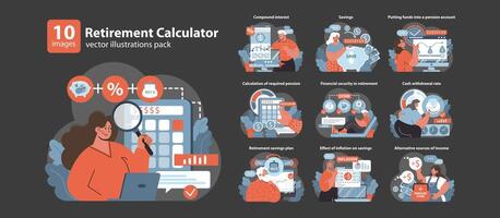 Retirement Calculator set. Navigating financial planning for golden years. vector