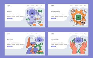 AI ethics web or landing set. Artificial intelligence alignment and regulation vector