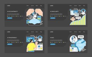 AI ethics web or landing dark or night mode set. Artificial intelligence vector