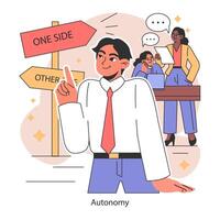 Autonomy. Employee choosing a path, with a team discussions. Standing vector