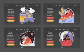 Insomnia dark or night mode web, landing set. Diverse characters suffering vector