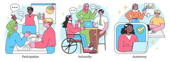 Empowerment set. Confident office employees, inclusive team collaboration vector