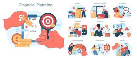 Financial planning set. Strategic financial planning and effective money vector