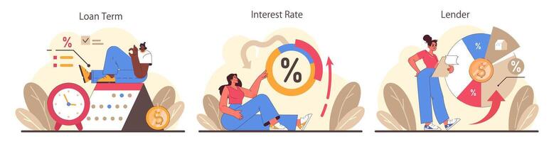 Refinance process set. Loan rate reduction to lender agreements. vector