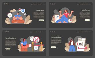 Digital detox web or landing dark or night mode set. Characters reducing vector