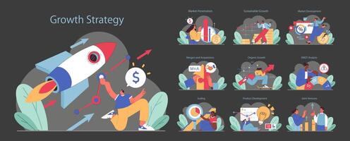 Growth Strategy set. Entrepreneurs drive success via rockets, market dives, and strategic tools. vector