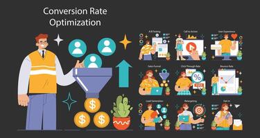 Conversion Rate Optimization set. Experts analyzing website vector