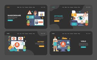 Cybersecurity dark or night mode web, landing set. Protecting data. Users vector