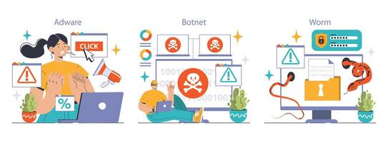 Cybersecurity set. Protecting data from threats. Users confronting various vector