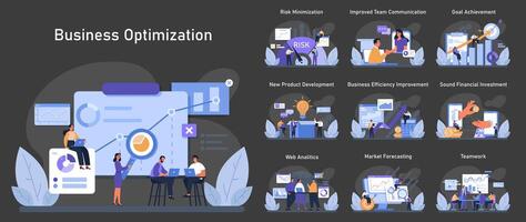 Business Optimization Set. Diverse professionals analyze data, mitigate risks. vector