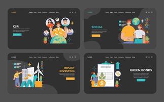 ESG web or landing dark or night mode web, landing set. Environmental vector