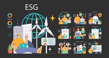 ESG dark or night mode set. Exploring environmental, social, governance vector