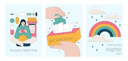 Get well soon card set. Positive and motivational poster with greeting vector