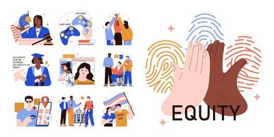 Equity and inclusion set. Diverse people acceptance and accessibility. vector