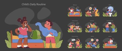 Child's daily routine set. Flat vector illustration.