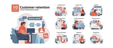 Customer retention set. Strategies boosting client loyalty. vector