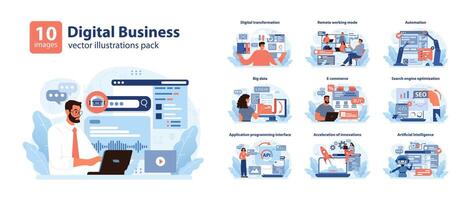 Digital Business set. Modern corporate scenarios from automation to AI. vector