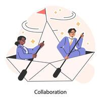 Collaboration. Two professionals navigate a paper boat. Joint venture. vector