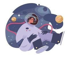 Loneliness. Unhappy person, astronaut left alone in space. Character vector