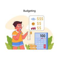 Budgeting concept. Boy calculates and assesses toy costs against savings vector