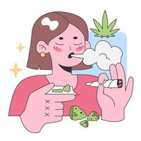 Joyful woman enjoying cannabis. Flat vector illustration.