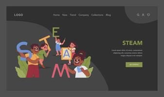 STEAM education web banner or landing page. Schoolers gaining knowledge vector